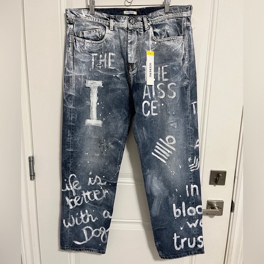 NWT - Iceberg Men’s Hand Painted Quote Jeans - Made in Italy - Size 34-Very Rare